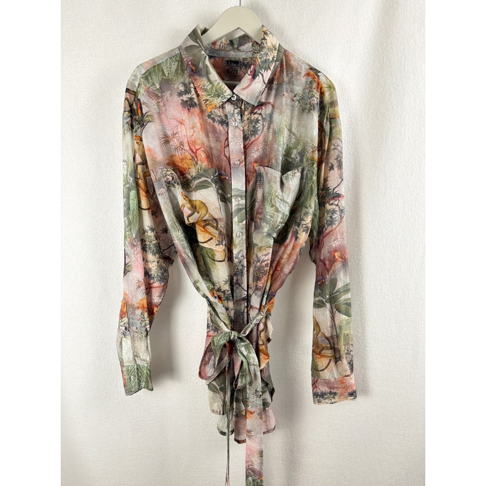 TR3 Jungle Monkey Bird Print Tencel Blend Tie Waist Blouse XL/2X TA3435 LS-328
